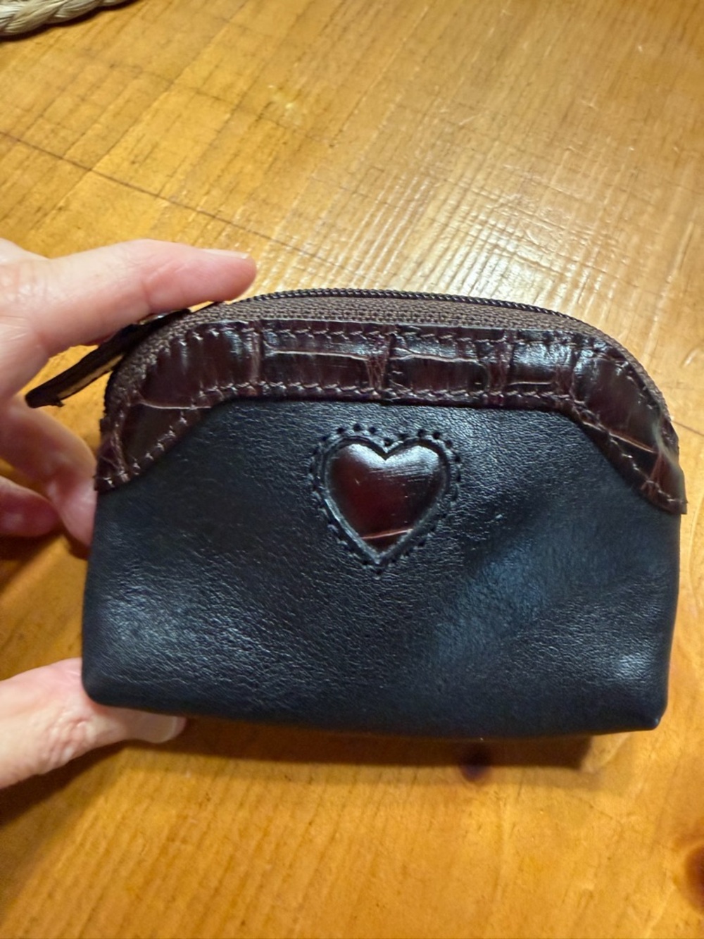 Brighton- Mini Black Leather Coin Zip Wallet.  Brown Trim and Heart Accent